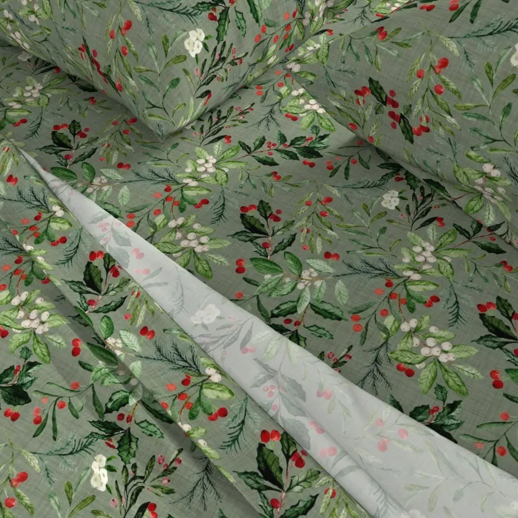 Mistletoe And Holly Christmas Florals Queen Sheet Set - Green alternate view