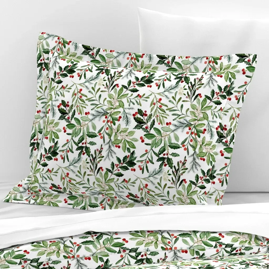 Mistletoe and Holly Christmas Florals Standard Flanged Pillow Sham - Green, Cotton Sateen product