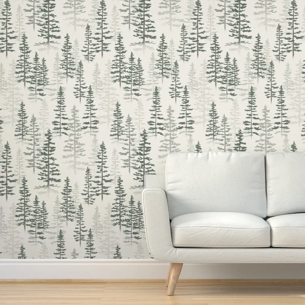 Misty Forest Watercolor Pine Trees Peel and Stick Wallpaper - Dark Green product