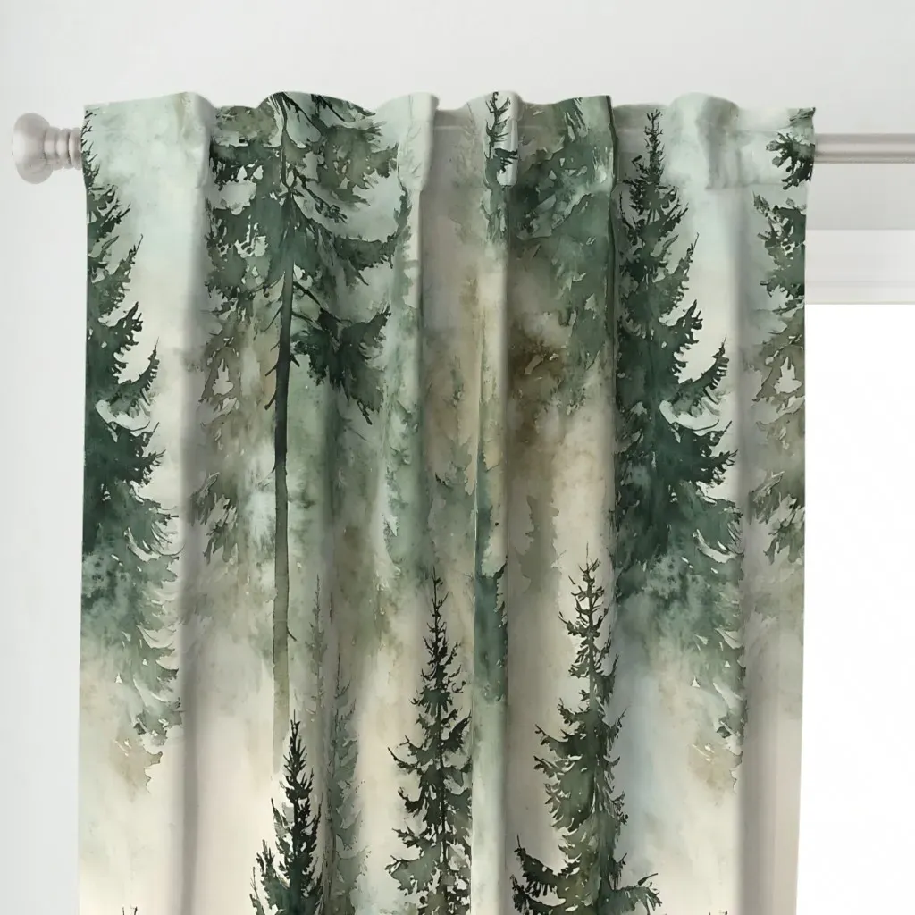 Misty Pines Watercolor Curtain Panel - Dark Green alternate view