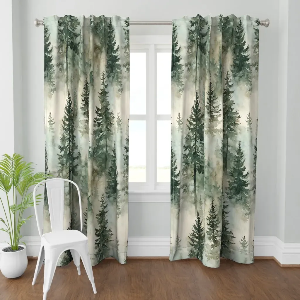 Misty Pines Watercolor Curtain Panel - Dark Green product