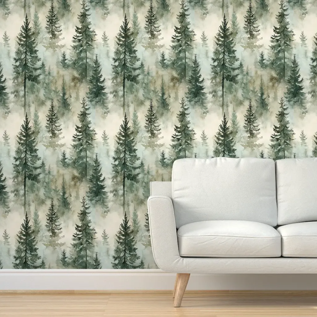 Misty Pines Watercolor Forest Peel and Stick Wallpaper - Dark Green product