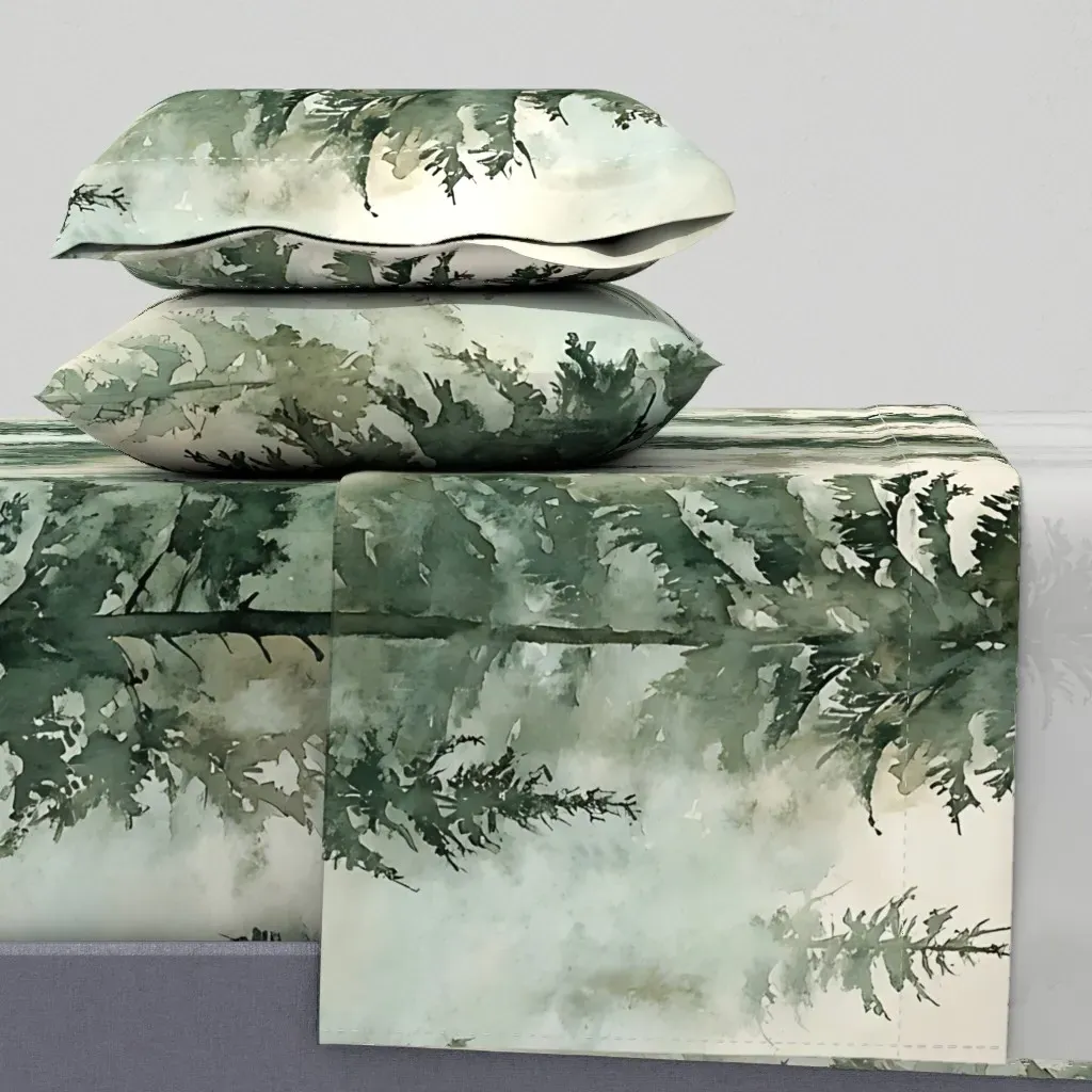 Misty Pines Watercolor Forest Queen Sheet Set - Dark Green product