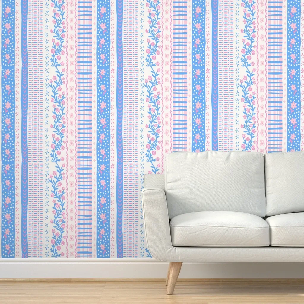 Mixed Vertical Stripe Floral Peel and Stick Wallpaper - Light Blue product