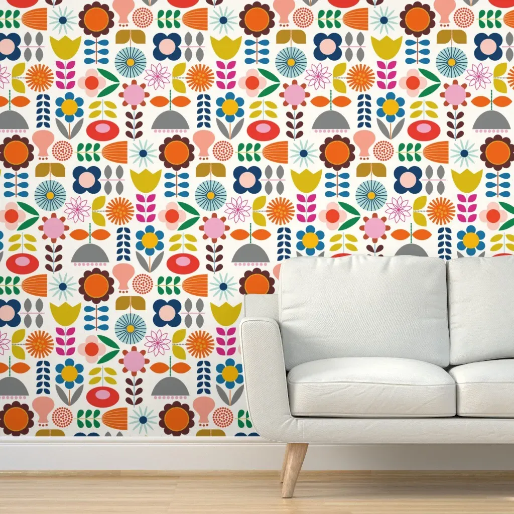 Mod Scandinavian Garden Peel and Stick Wallpaper - Red, Green, Gray product