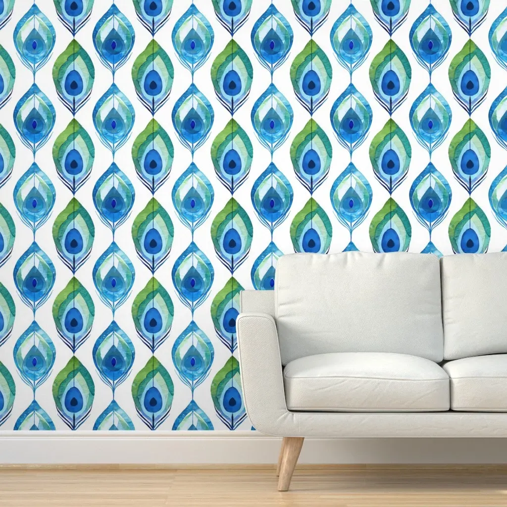 Mod Watercolor Peacock Feathers Peel and Stick Wallpaper - Blue product