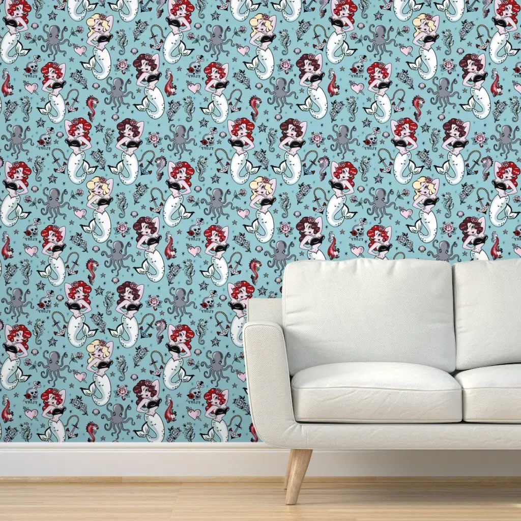 Molly Mermaid by Miss Fluff Peel and Stick Wallpaper - Blue, White product