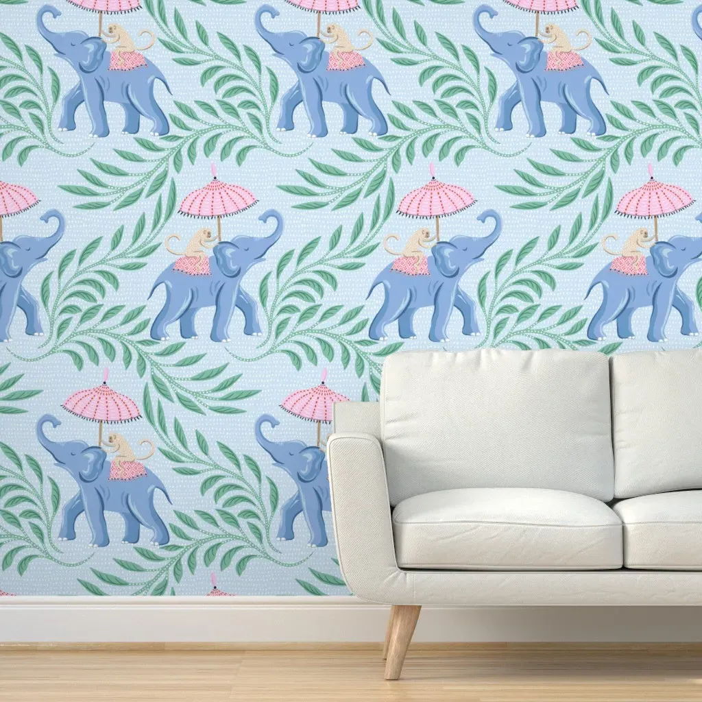 Monkey And Elephant Fantasy Peel and Stick Wallpaper - Blue product