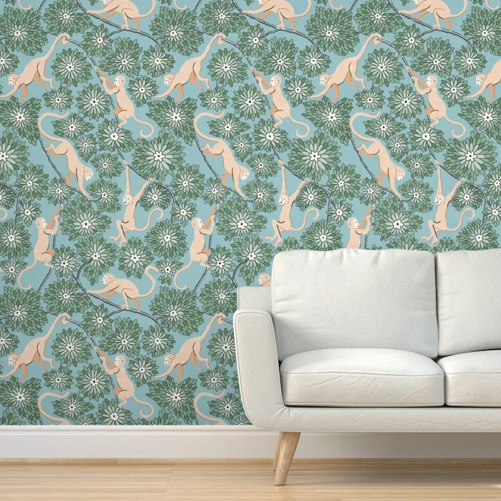 Monkey Forest Peel and Stick Wallpaper - Eggshell Blue product