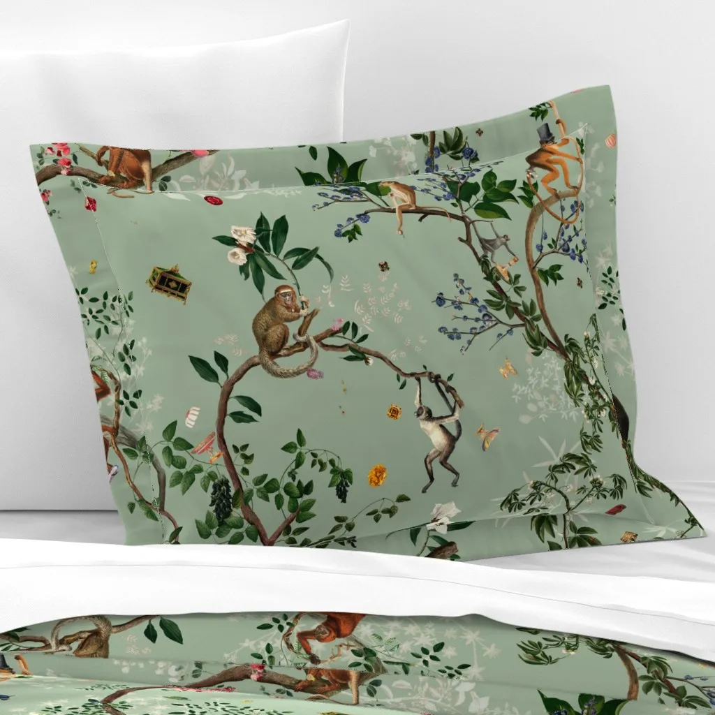 Monkey World Standard Flanged Pillow Sham - Sage Green, Cotton Sateen product