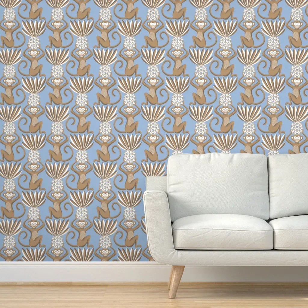 Monkeys And Pineapples Peel and Stick Wallpaper - Light Blue, Brown product