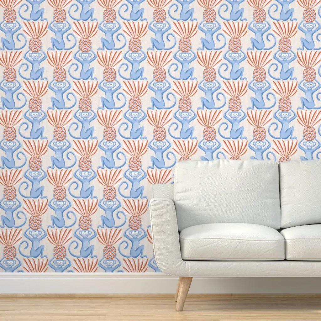 Monkeys And Pineapples Peel and Stick Wallpaper - Light Blue product