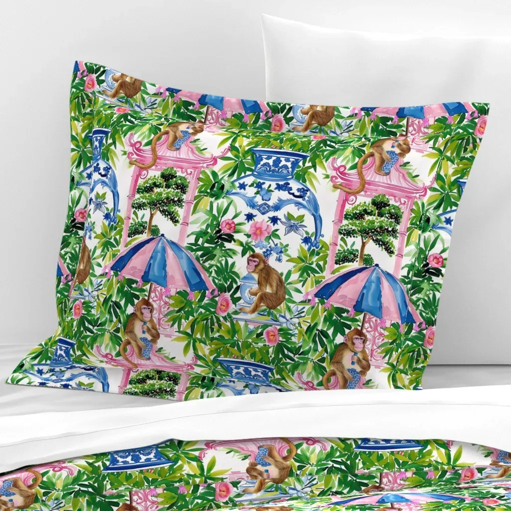 Monkeys In Chinoiserie Garden Standard Flanged Cushion Cover - Pink, Cotton Sateen product
