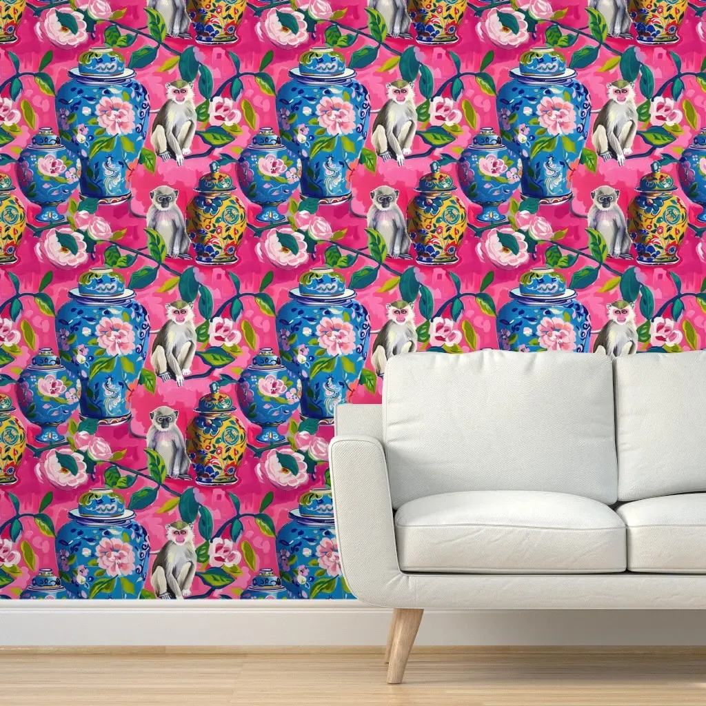 Monkeys Roses and Ginger Jars Peel and Stick Wallpaper - Pink product