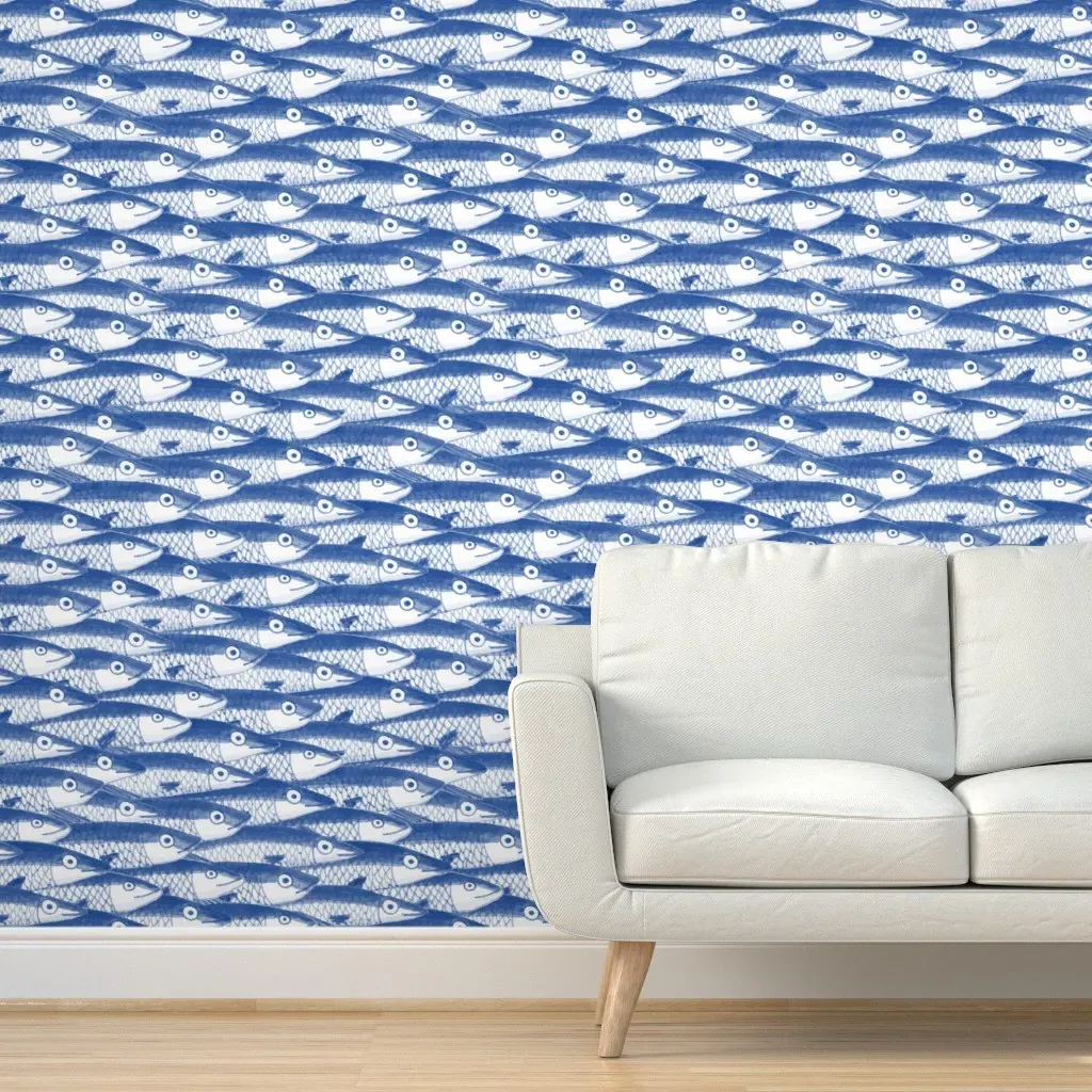 Mono Cobalt Blue Sardines Peel and Stick Wallpaper - Blue product