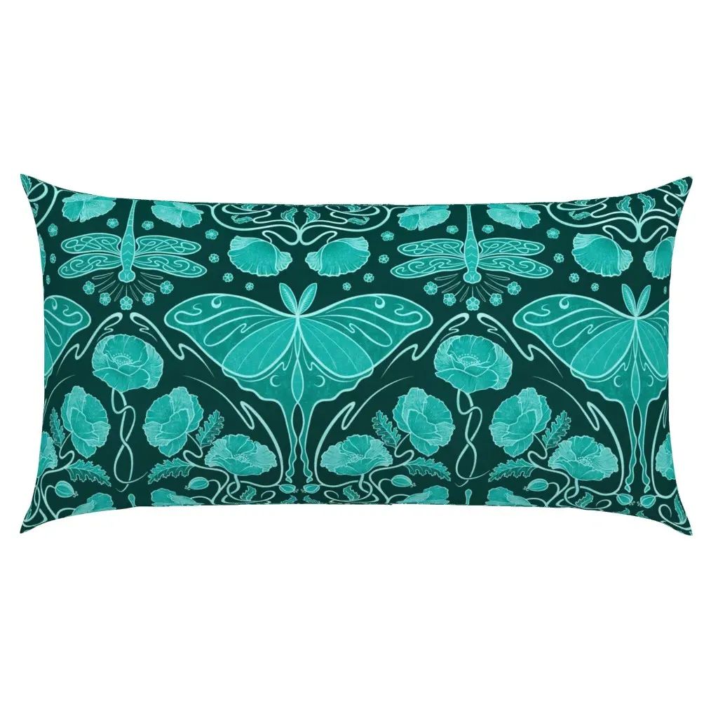 Monochromatic Art Nouveau Poppies Dragonflies Lunar Moths King Pillow Sham - Teal product
