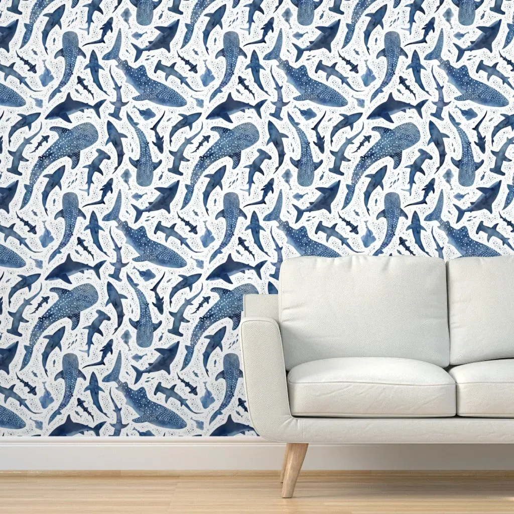 Monochrome Blue Shark Ocean Large Scale Peel and Stick Wallpaper - Indigo product