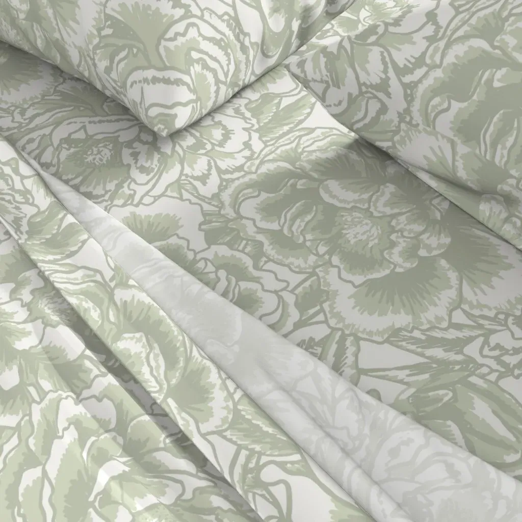 Monochrome Peony Floral Line Art Queen Sheet Set - Sage Green alternate view