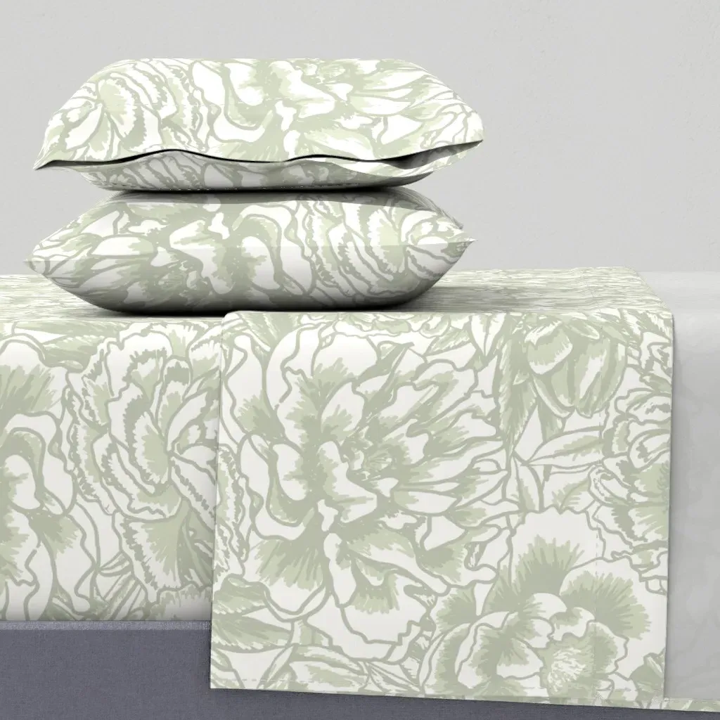 Monochrome Peony Floral Line Art Queen Sheet Set - Sage Green product