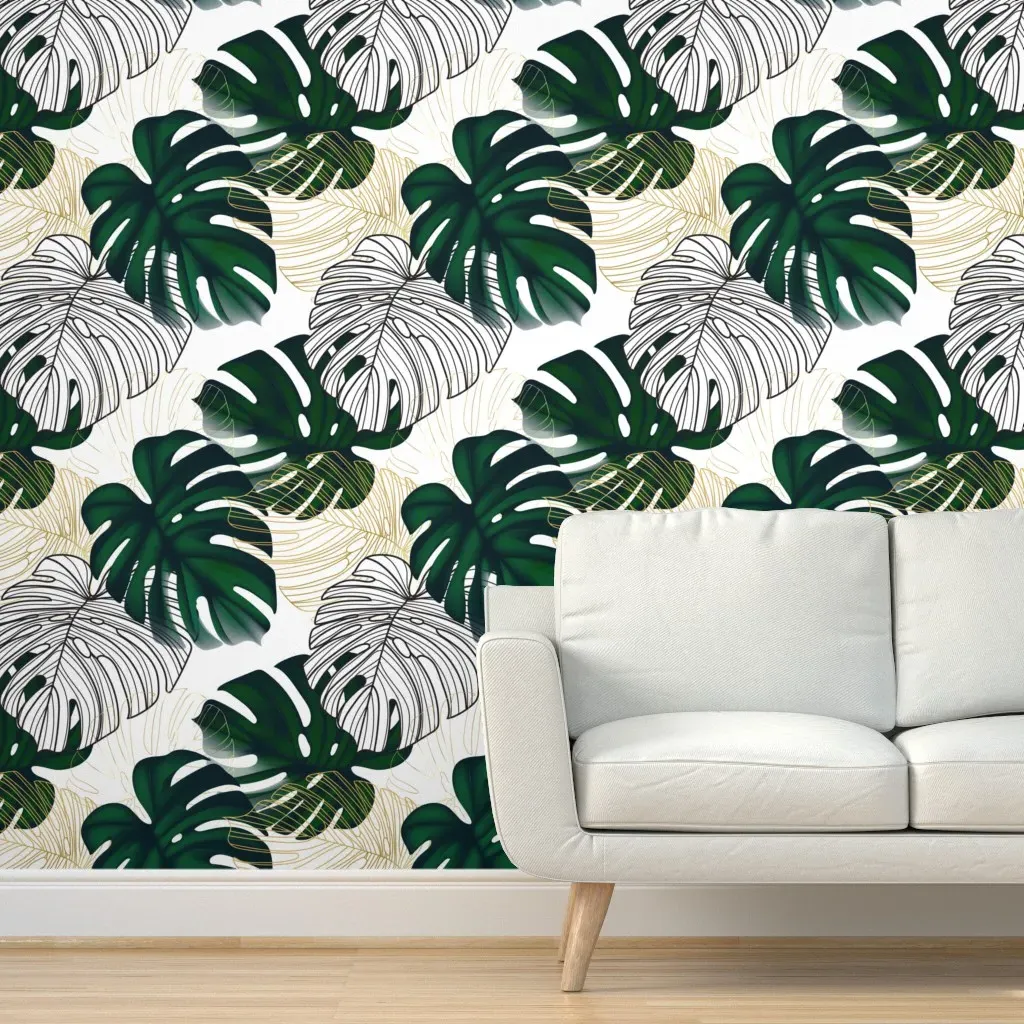 Monstera Gold Leaves Peel and Stick Wallpaper - Green product