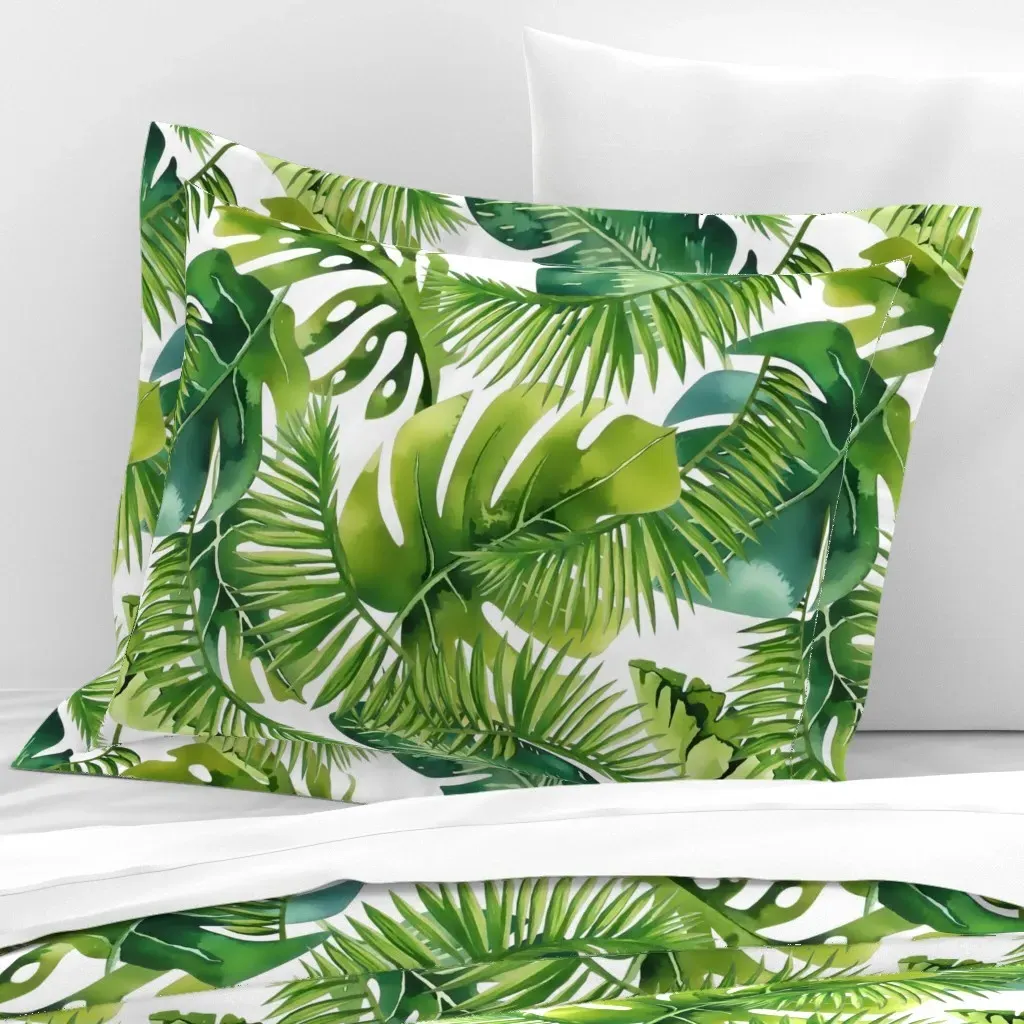 Monstera & Palm Leaf Standard Flanged Cushion Cover - Green, Cotton Sateen product