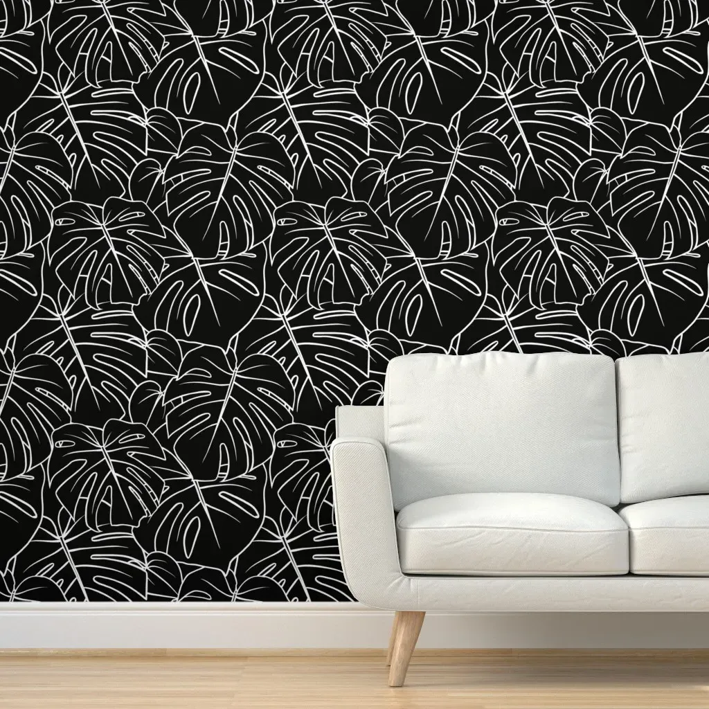 Monstera Peel and Stick Wallpaper Removable - White on Black product