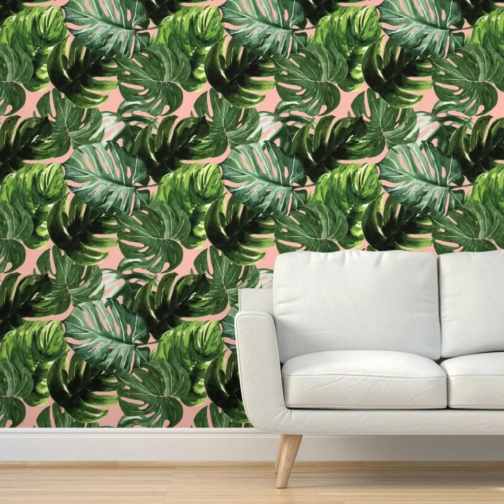 Monstera Tropical Leaves Peel and Stick Wallpaper - Green, Peach Pink product