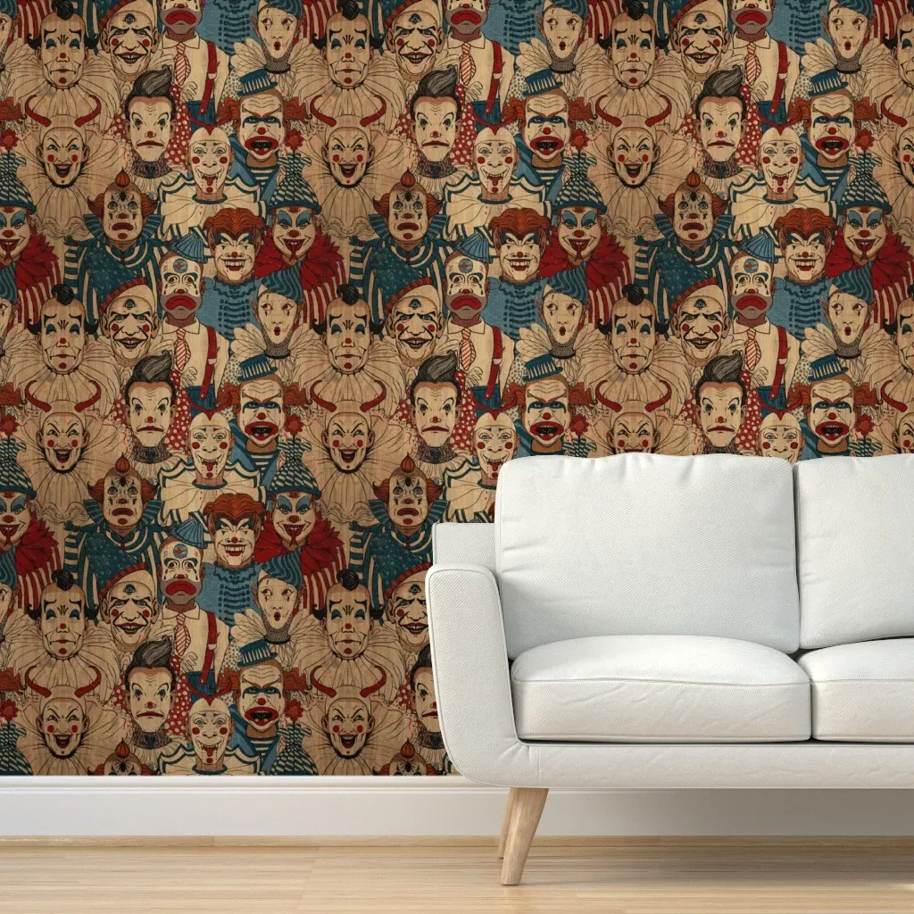 Monsters Hiding As Creepy Carnival Clowns Peel and Stick Wallpaper - Beige product
