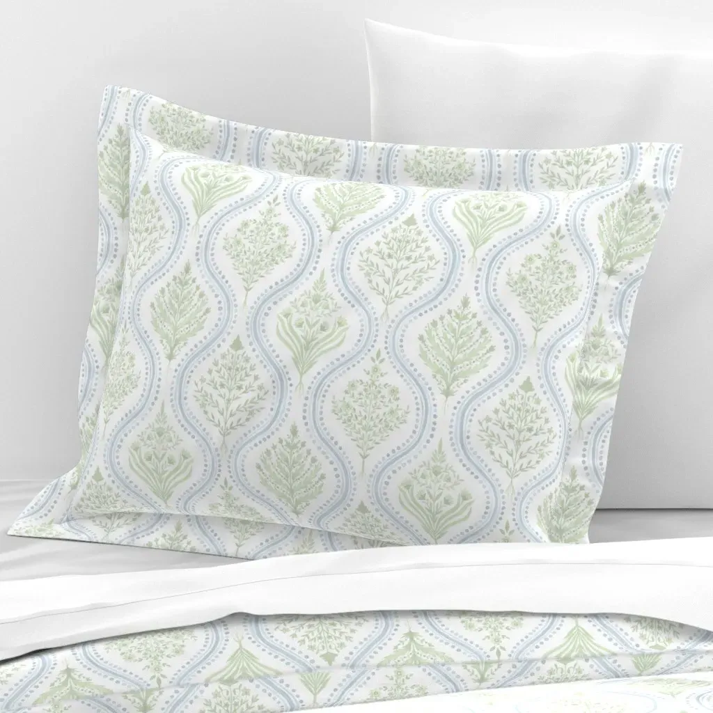 Monticello Cornflower Standard Flanged Pillow Sham - Light Green, Cotton Sateen product