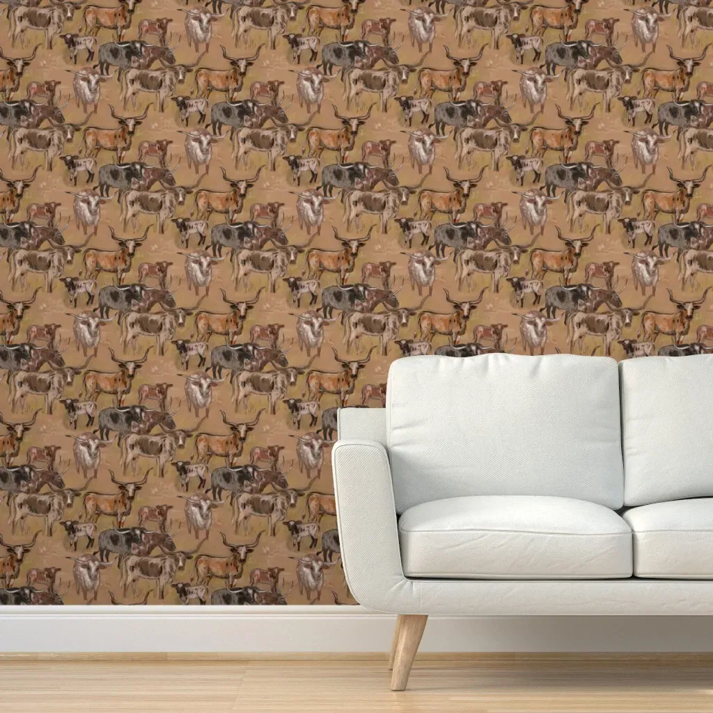 Moo Dy Texas Longhorn Cattle Peel and Stick Wallpaper - Brown, Gray product