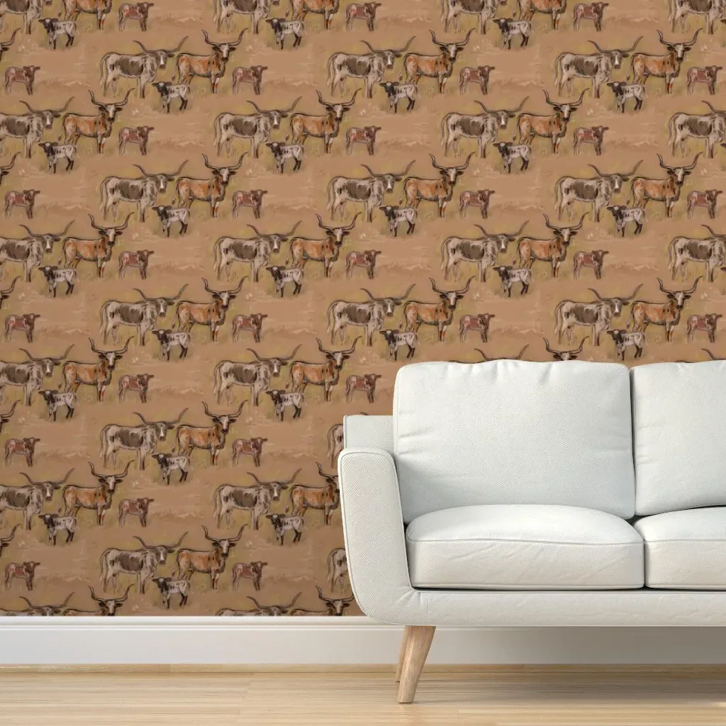 Mood Dy Texas Longhorn Cows And Calves Peel and Stick Wallpaper - Brown product