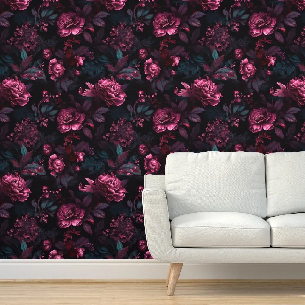 Moody Burgundy Pink Navy Floral Peel and Stick Wallpaper - Dark Pink product