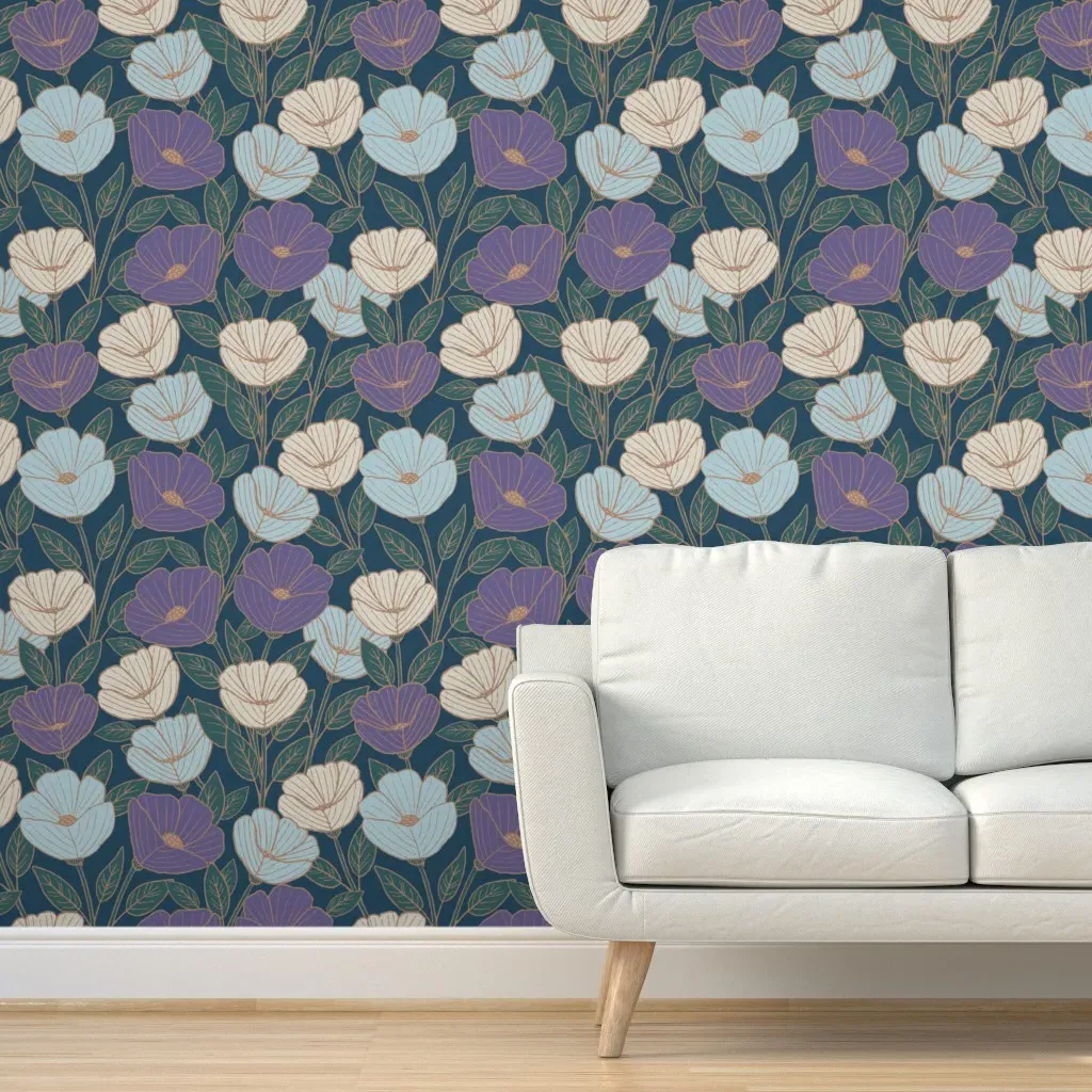 Moody Floral Poppies Peel and Stick Wallpaper - Navy Blue, Bronze product