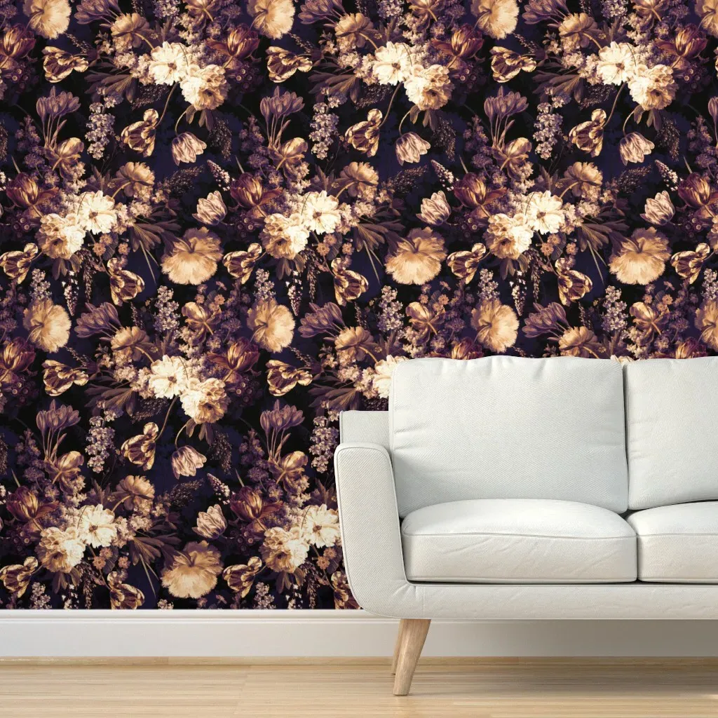 Moody Florals White Peonies Peel and Stick Wallpaper - Deep Gold product