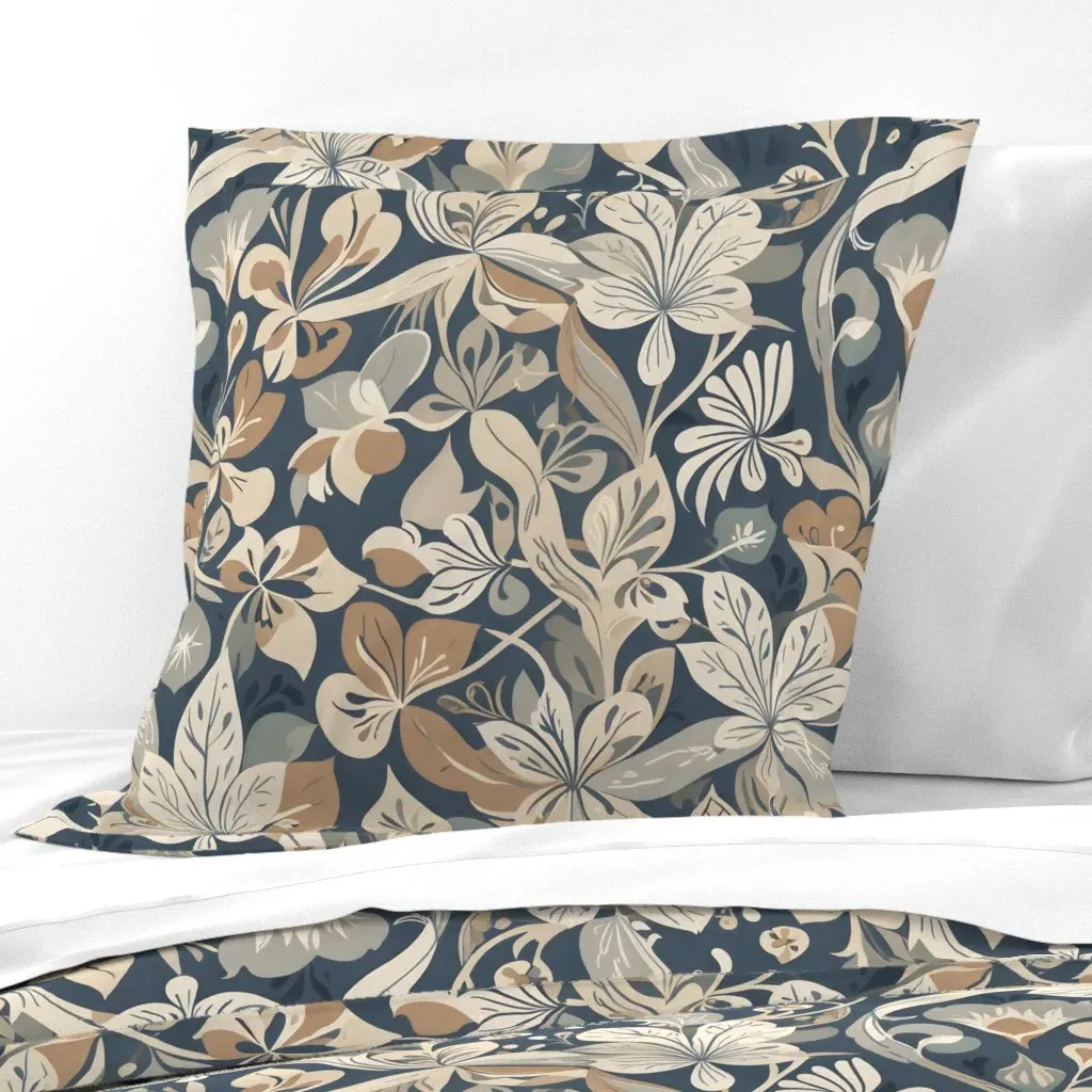 Moody Slate Blue Art Nouveau Botanical Euro Pillow Sham - Beige product