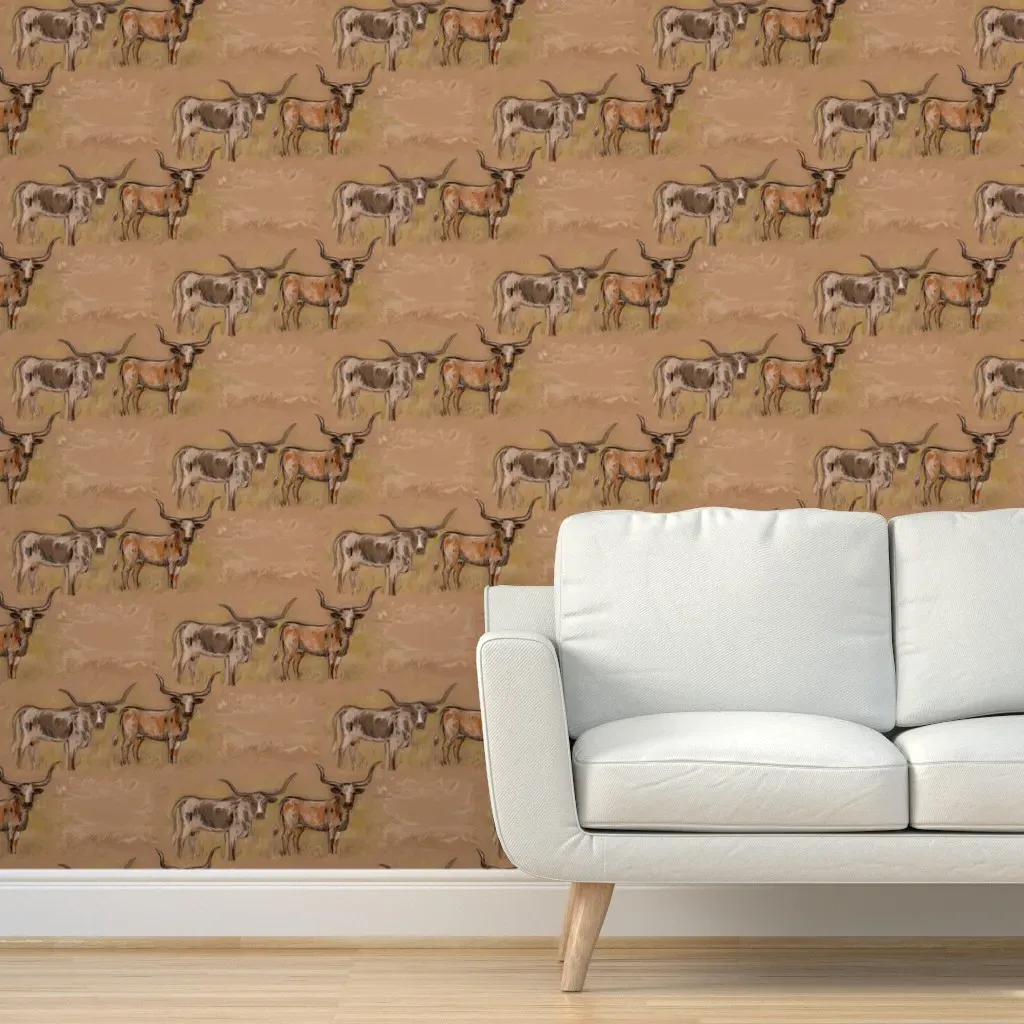 Moody Texas Longhorn Cattle Peel and Stick Wallpaper - Brown product
