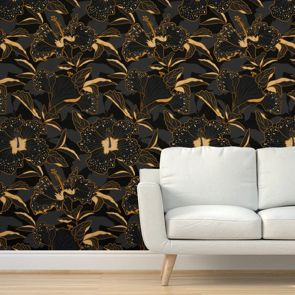 Moody Tropical Hibiscus Peel and Stick Wallpaper - Black, Gold product
