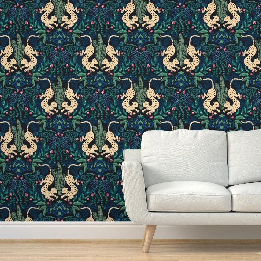 Moody Tropical Leopard Peel and Stick Wallpaper - Gold Coral Green product