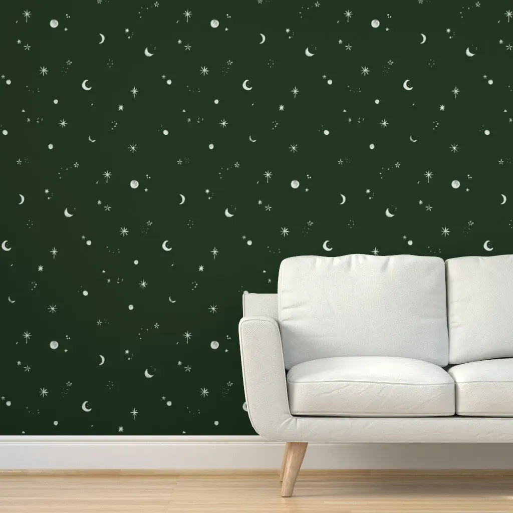 Moon And The Stars Peel and Stick Wallpaper - White, Deep Green product