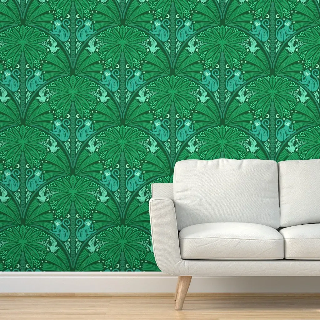 Moon Monkey Jungle Bird Berry Thief Damask Peel and Stick Wallpaper - Green product
