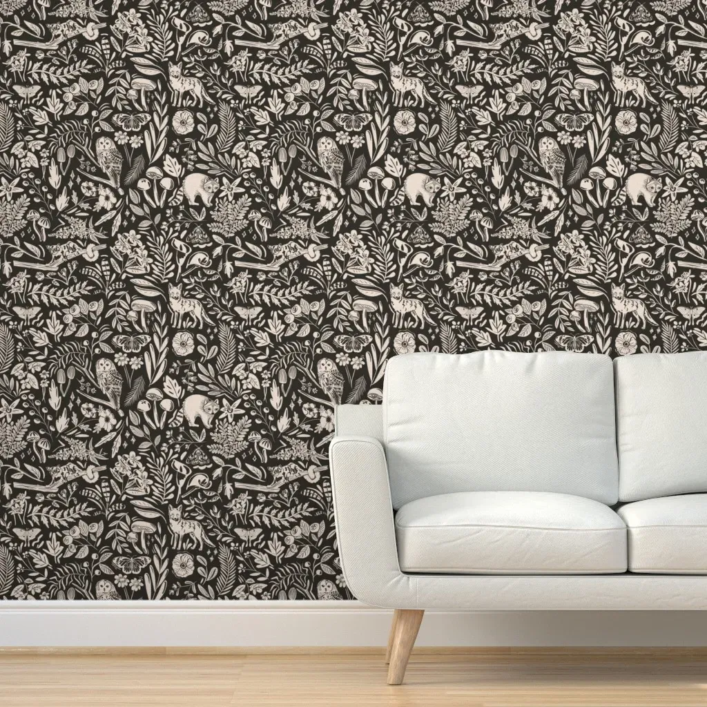 Moonlit Whimsical Woodland Flora And Fauna Peel and Stick Wallpaper - Off-White product