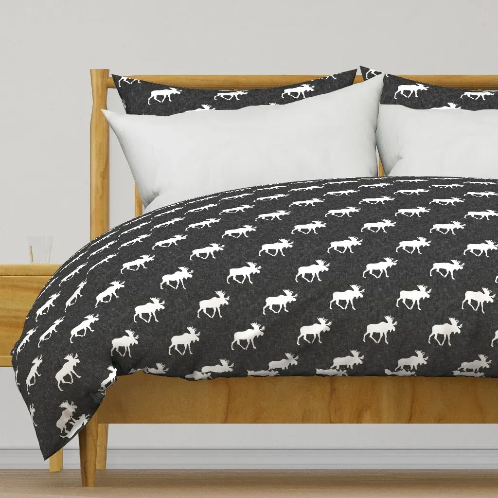 Moose On Dark Grey Linen Duvet Cover - White product