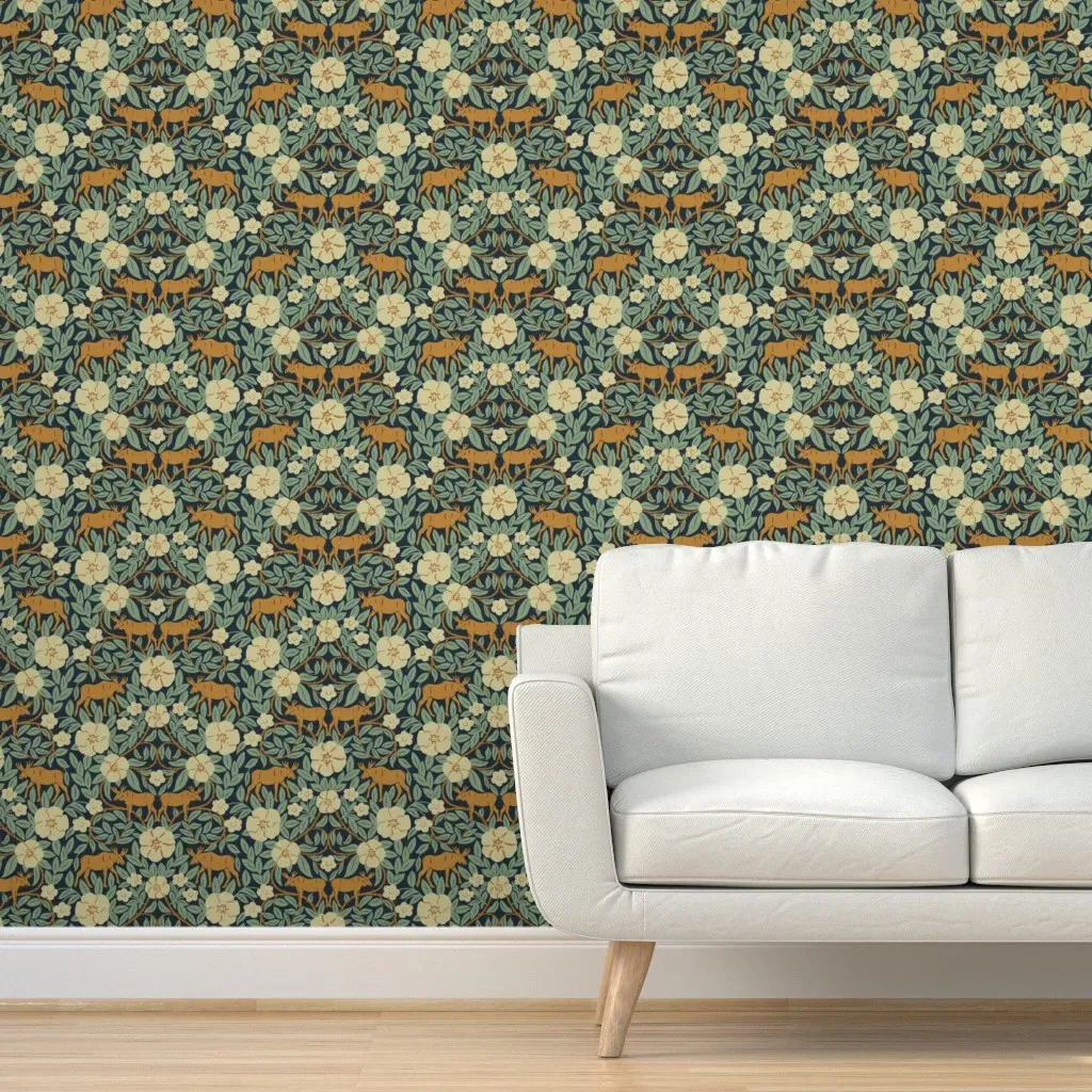 Moose Woodland Animals Forest Flowers Peel and Stick Wallpaper - Mustard Yellow product