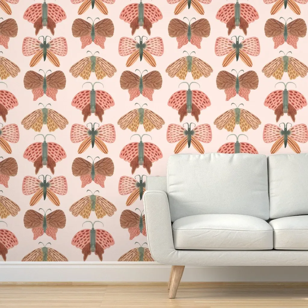 Moths and Butterflies Boho Peel and Stick Wallpaper - Coral Pink product