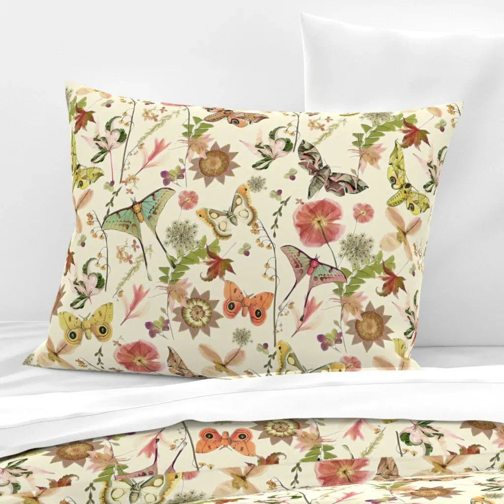 Moths N Flowers Standard Knife Edge Pillow - Cream, Cotton Sateen product