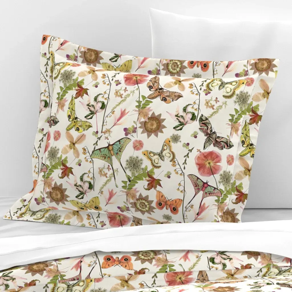 Moths N Wildflowers Standard Flanged Pillowcase - Cream, Cotton Sateen product