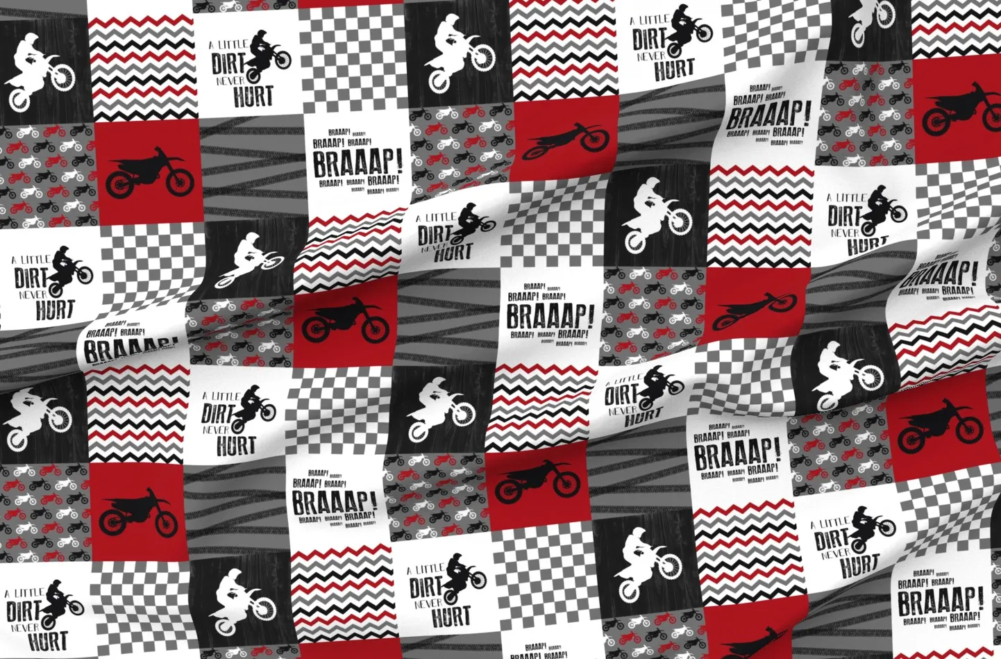 Motocross A Little Dirt Never Hurt Cheater Quilt Fabric - Red, Sport Pique product