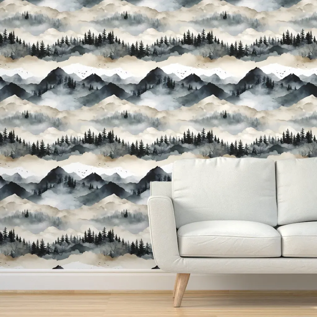 Mountain Landscape Peel and Stick Wallpaper - Black, Ivory product