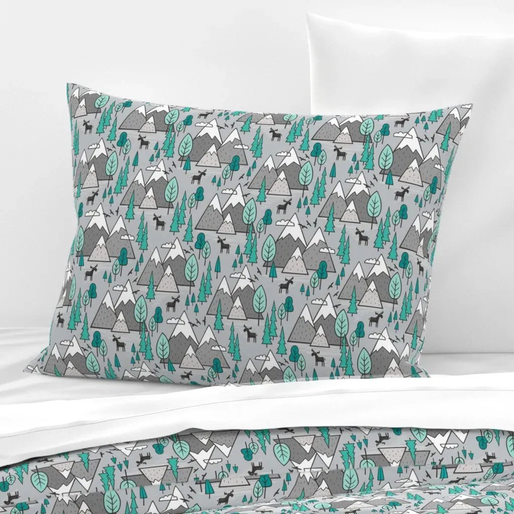 Mountains Forest Woodland Moose Standard Pillow - Teal, Cotton Sateen product