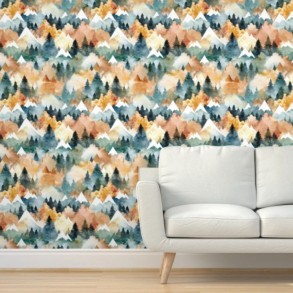 Mountains Landscape Watercolor Peel and Stick Wallpaper - Mustard Yellow product